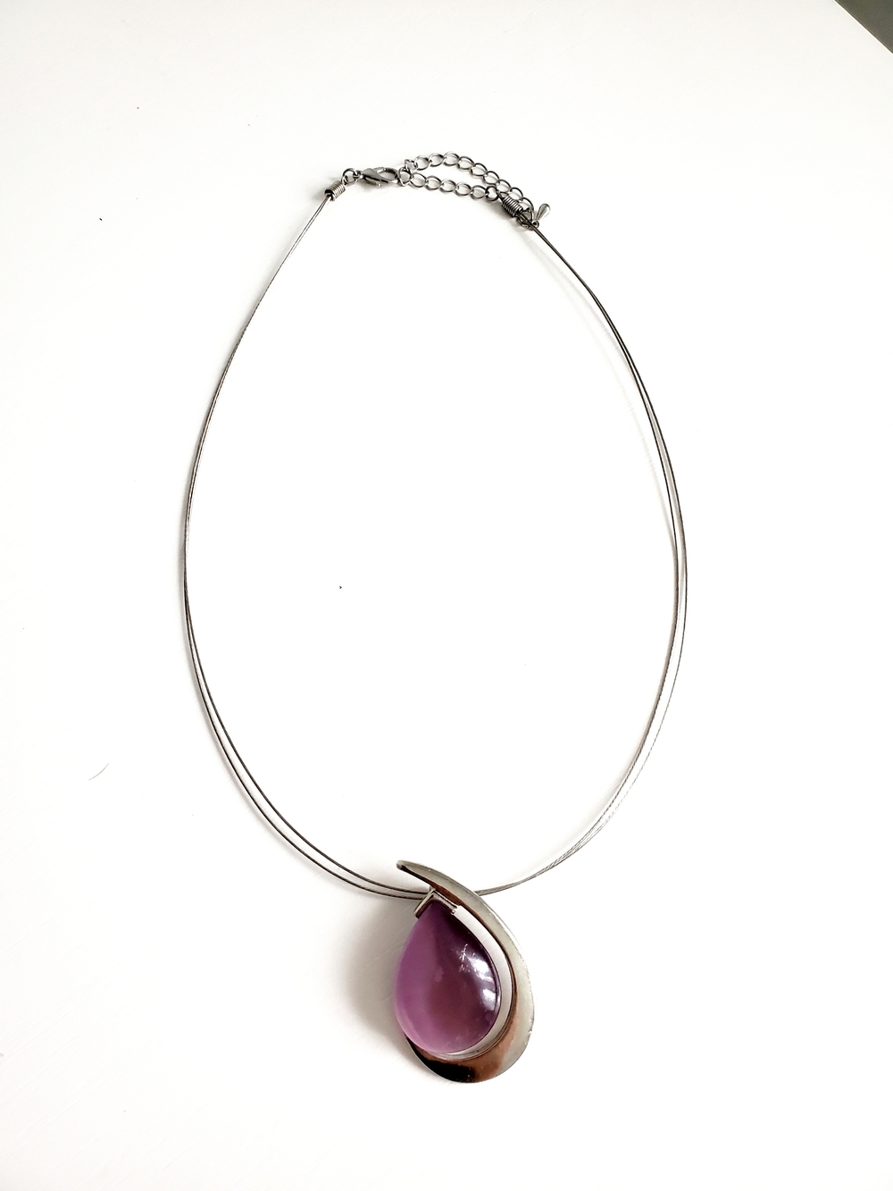 Silver Teardrop Pendant Necklace with Purple Stone